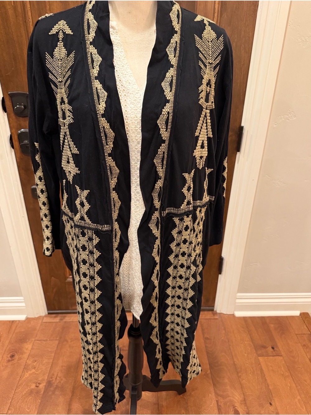 Johnny Was Tracy Black Embroidered Knit Aztec Print Duster Cardigan